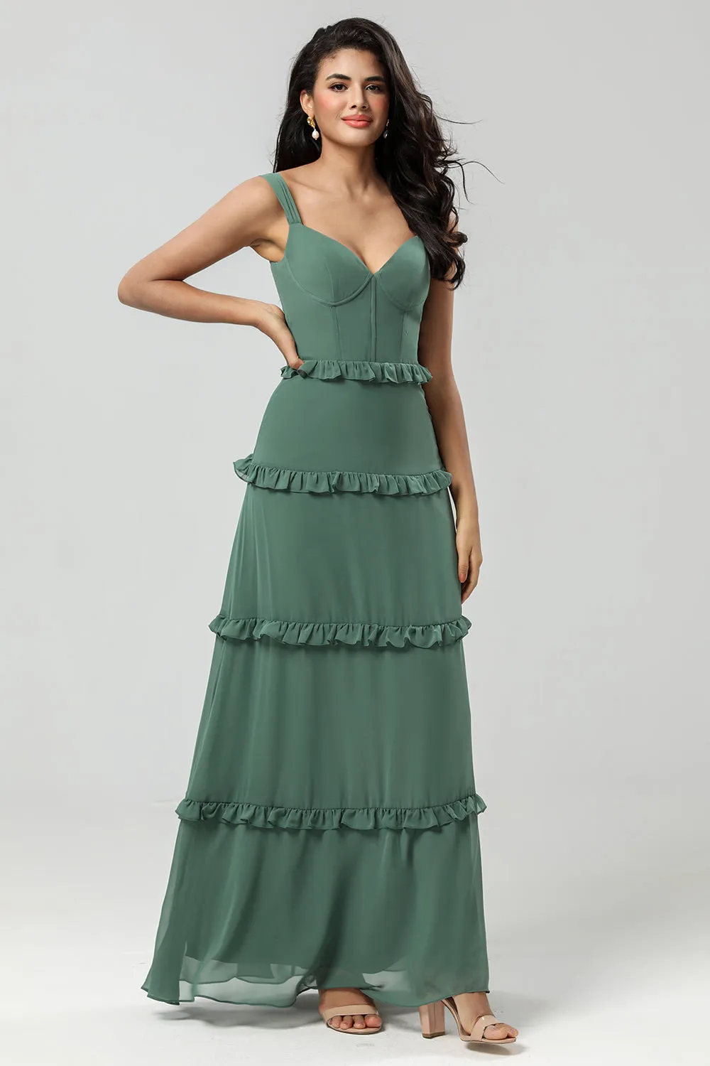 Elegant Eucalyptus A Line Spaghetti Straps Chiffon Long Bridesmaid Dress sold by Wedtrend product image thumbnail 4