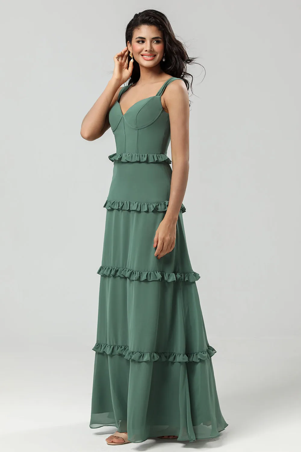 Elegant Eucalyptus A Line Spaghetti Straps Chiffon Long Bridesmaid Dress sold by Wedtrend product image thumbnail 5