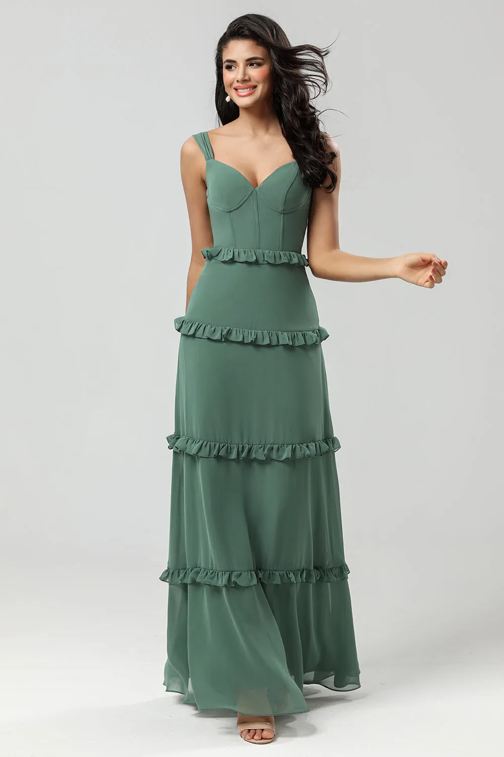 Elegant Eucalyptus A Line Spaghetti Straps Chiffon Long Bridesmaid Dress sold by Wedtrend product image thumbnail 3