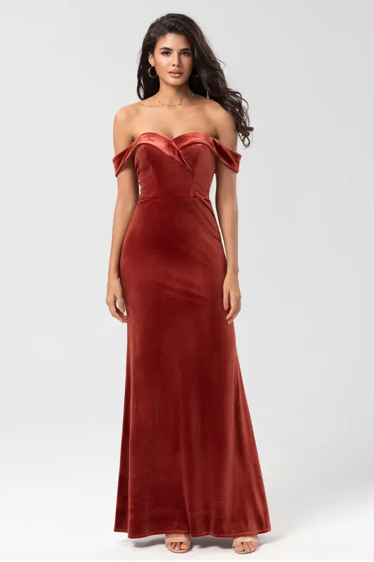 Keeper of My Heart Mermaid Off the Shoulder Terracotta Velvet Bridesmaid Dress made by Wedtrend