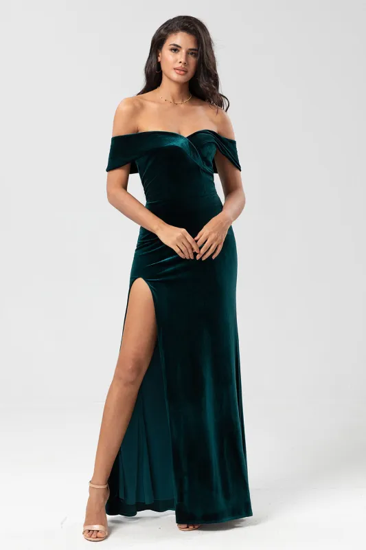 Off the Shoulder Peacock Green Velvet Mermaid Bridesmaid Dress With Slit made by Wedtrend