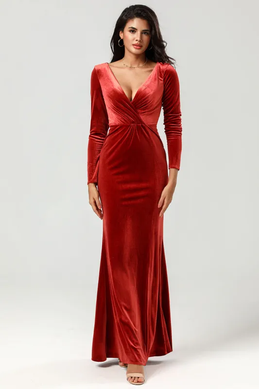 Velvet Mermaid Terracotta Bridesmaid Dress with Long Sleeves made by Wedtrend