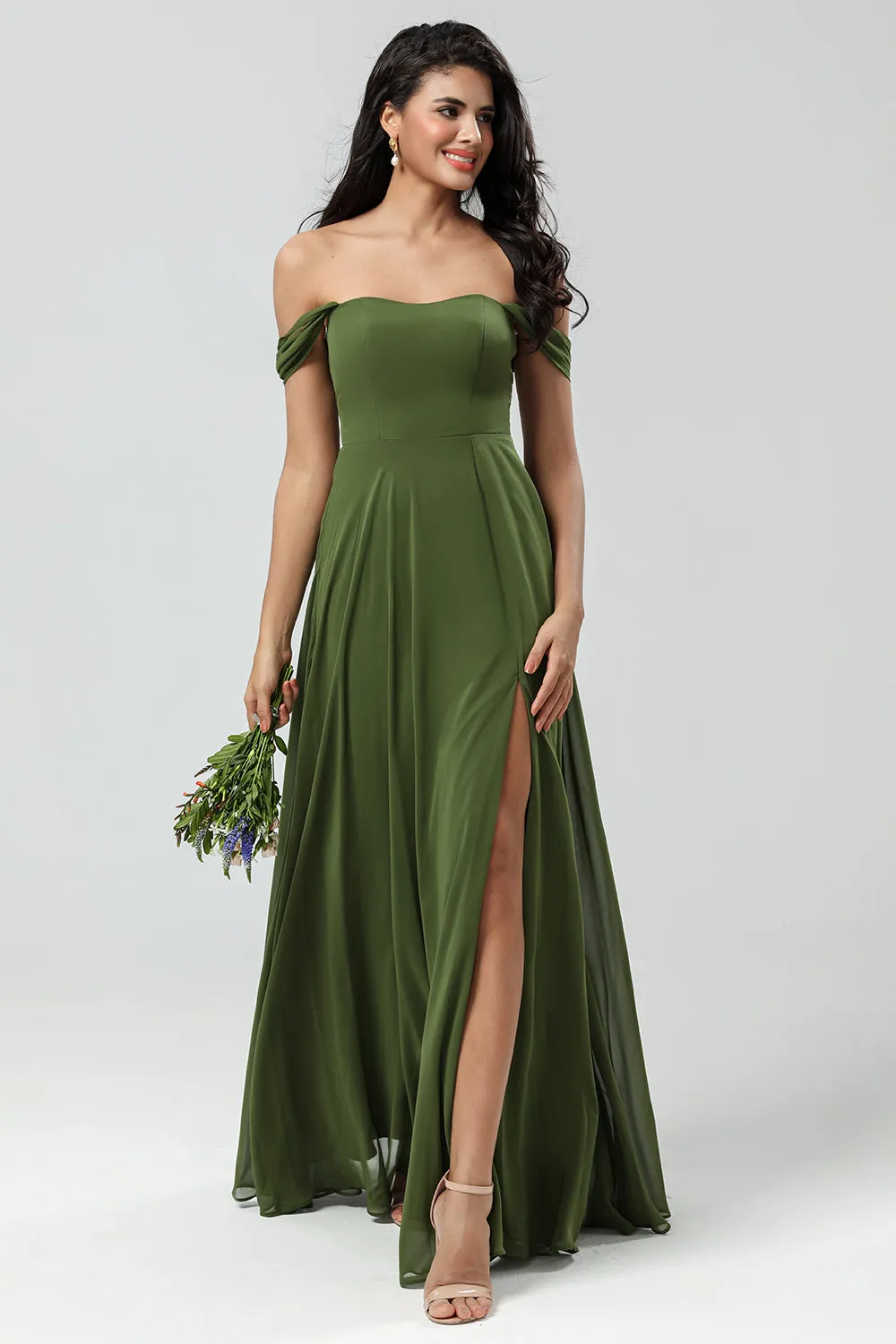 A Line Off The Shoulder Floor-Length Chiffon Bridesmaid Dress with Slit sold by Wedtrend