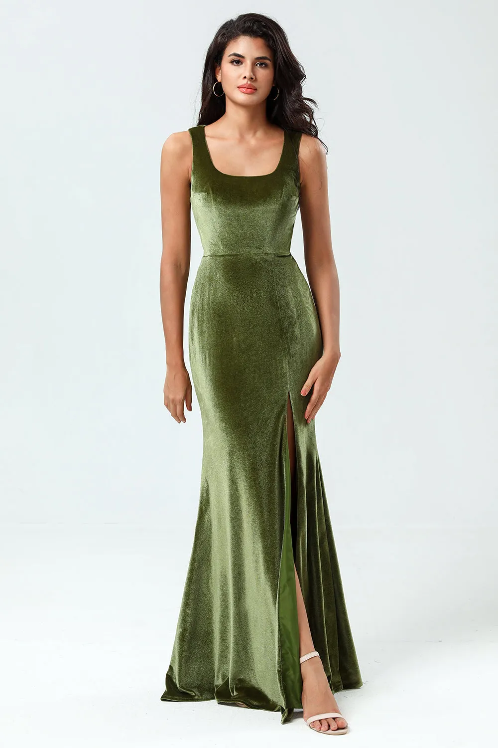 Mermaid Square Neck Floor-Length Velvet Bridesmaid Dress with Slit sold by Wedtrend