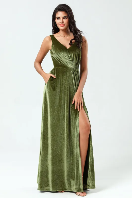 Olive A Line V-Neck Velvet Floor-Length Bridesmaid Dress with Pockets sold by Wedtrend