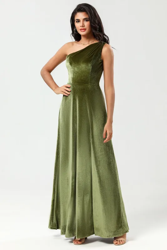 A Line One Shoulder Floor-Length Velvet Bridesmaid Dress with Slit sold by Wedtrend