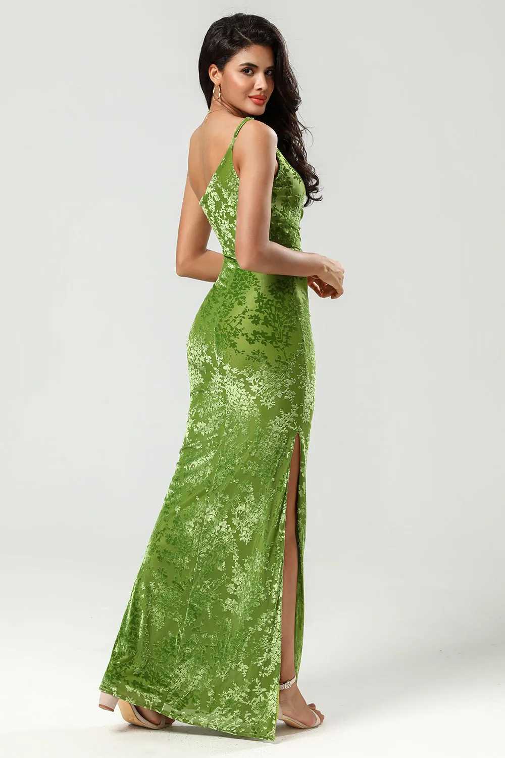 Olive Green Sheath One Shoulder Burnout Velvet Dress with Slit sold by Wedtrend product image thumbnail 2