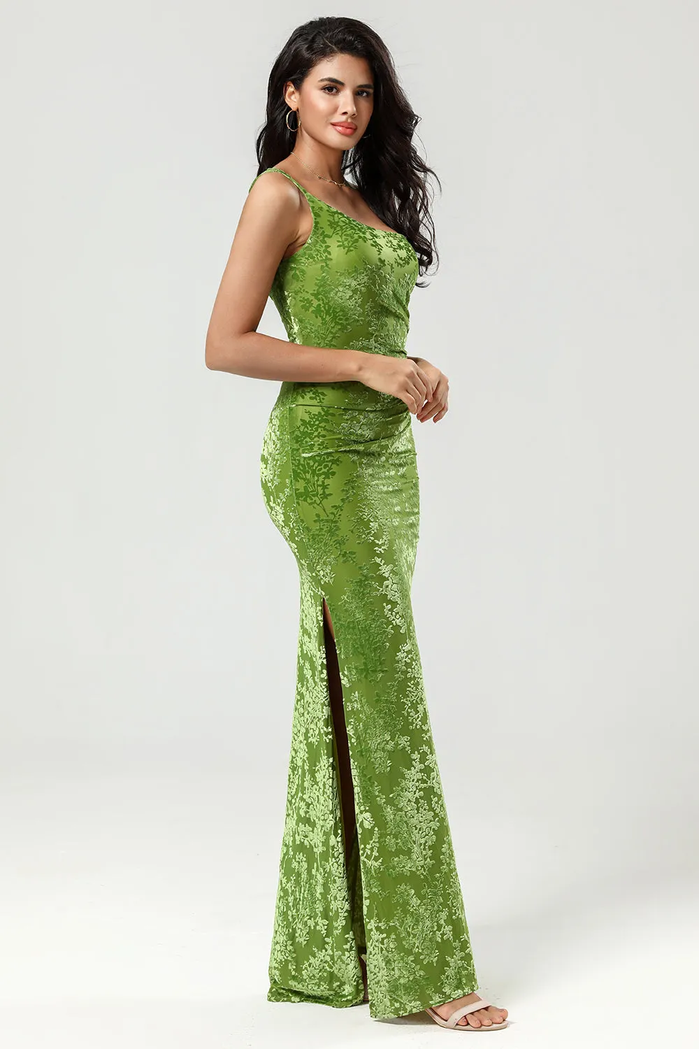 Olive Green Sheath One Shoulder Burnout Velvet Dress with Slit sold by Wedtrend product image thumbnail 4