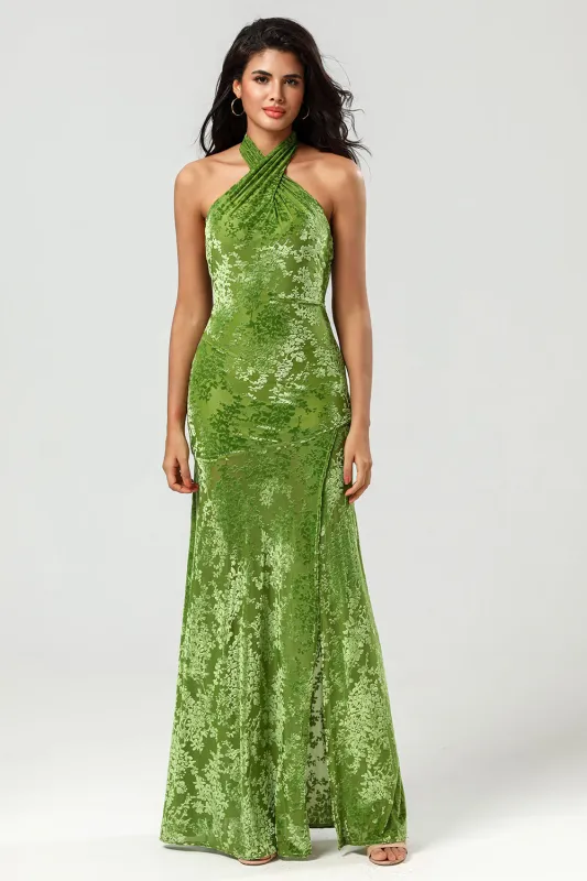 Olive Green Sheath Halter Burnout Velvet Floor-Length Dress with Slit made by Wedtrend