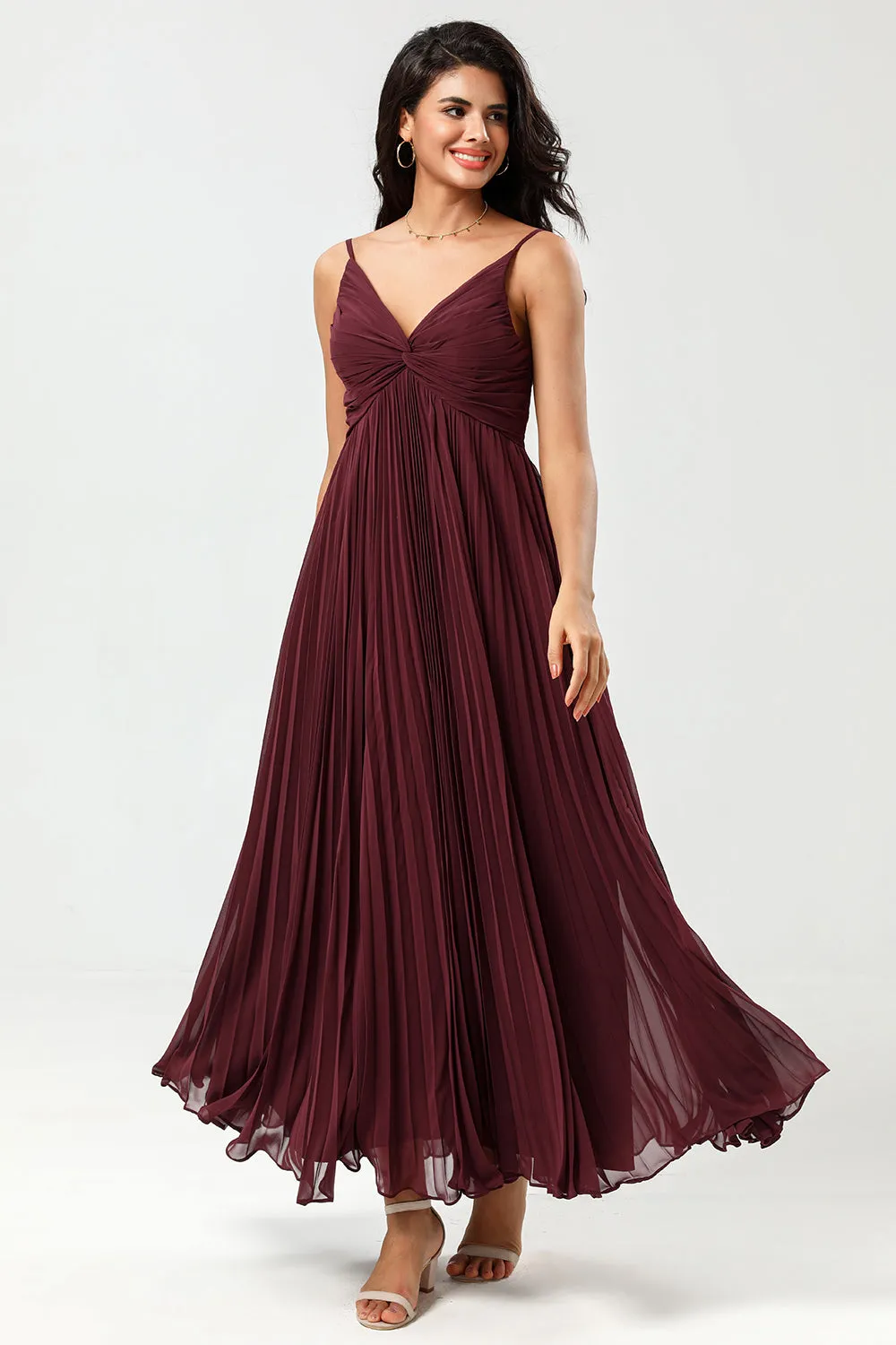 A Line Spaghetti Straps Floor-Length Chiffon Bridesmaid Dress with Ruffles sold by Wedtrend
