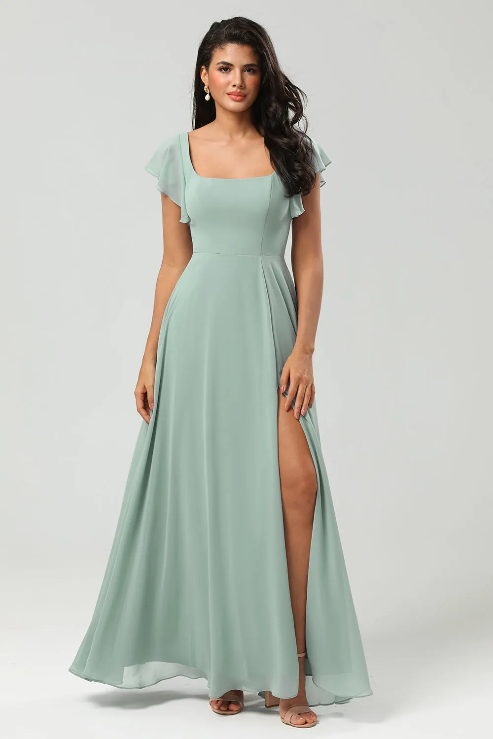 A Line Square Neck Floor-Length Chiffon Bridesmaid Dress with Slit sold by Wedtrend product image thumbnail 3