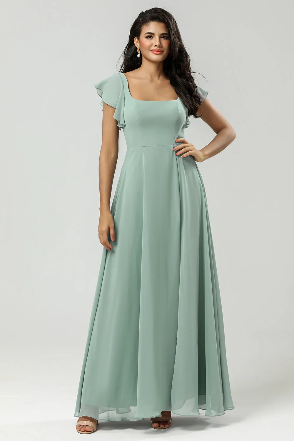 A Line Square Neck Floor-Length Chiffon Bridesmaid Dress with Slit sold by Wedtrend