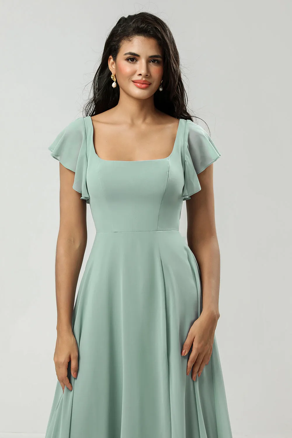 A Line Square Neck Floor-Length Chiffon Bridesmaid Dress with Slit sold by Wedtrend product image thumbnail 5