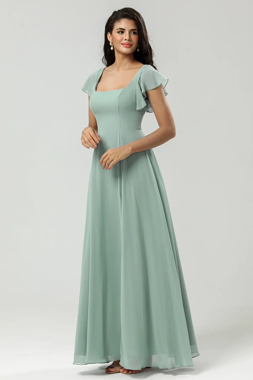 A Line Square Neck Floor-Length Chiffon Bridesmaid Dress with Slit sold by Wedtrend product image thumbnail 4