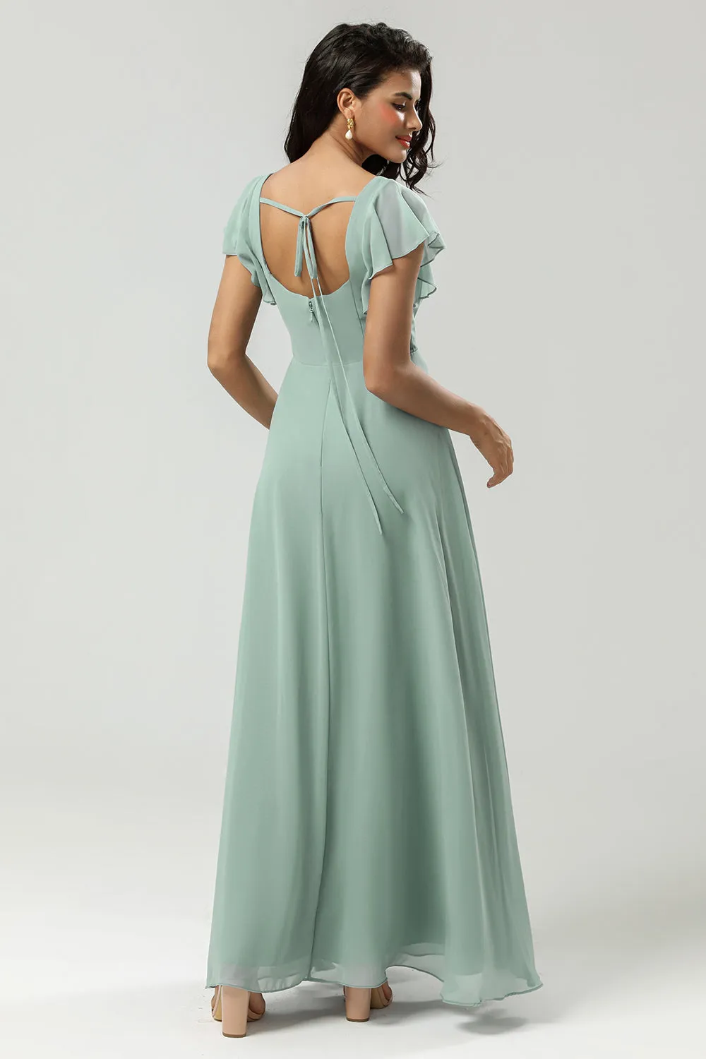 A Line Square Neck Floor-Length Chiffon Bridesmaid Dress with Slit sold by Wedtrend product image thumbnail 2