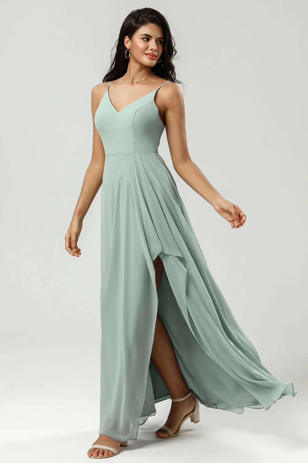 A Line Spaghetti Straps V Neck Floor Length Chiffon Bridesmaid Dress with Slit sold by Wedtrend product image thumbnail 4