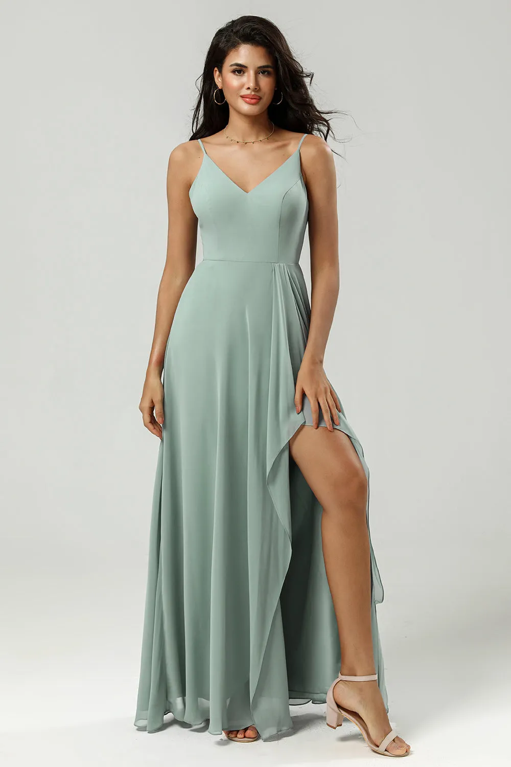 A Line Spaghetti Straps V Neck Floor Length Chiffon Bridesmaid Dress with Slit sold by Wedtrend product image thumbnail 3
