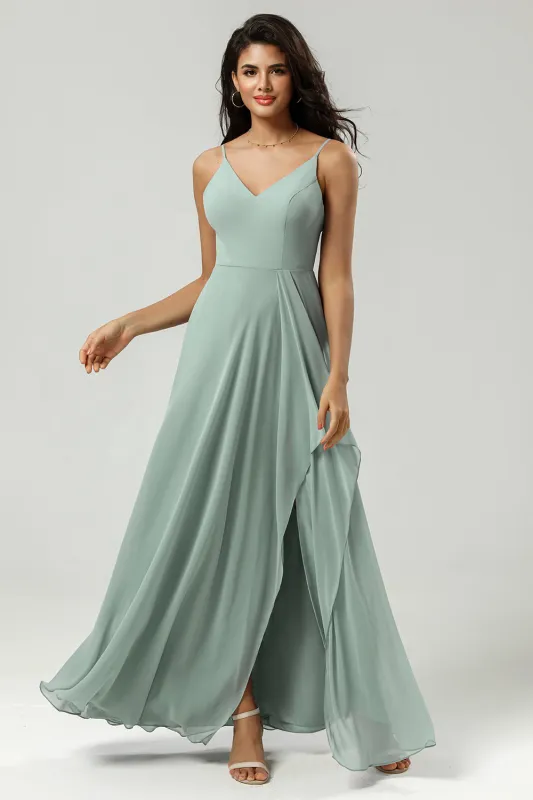 A Line Spaghetti Straps V Neck Floor Length Chiffon Bridesmaid Dress with Slit sold by Wedtrend