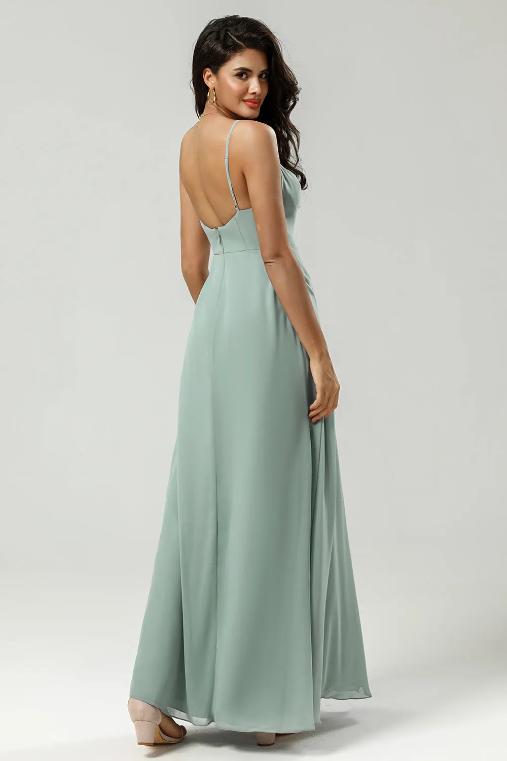 A Line Spaghetti Straps V Neck Floor Length Chiffon Bridesmaid Dress with Slit sold by Wedtrend product image thumbnail 2