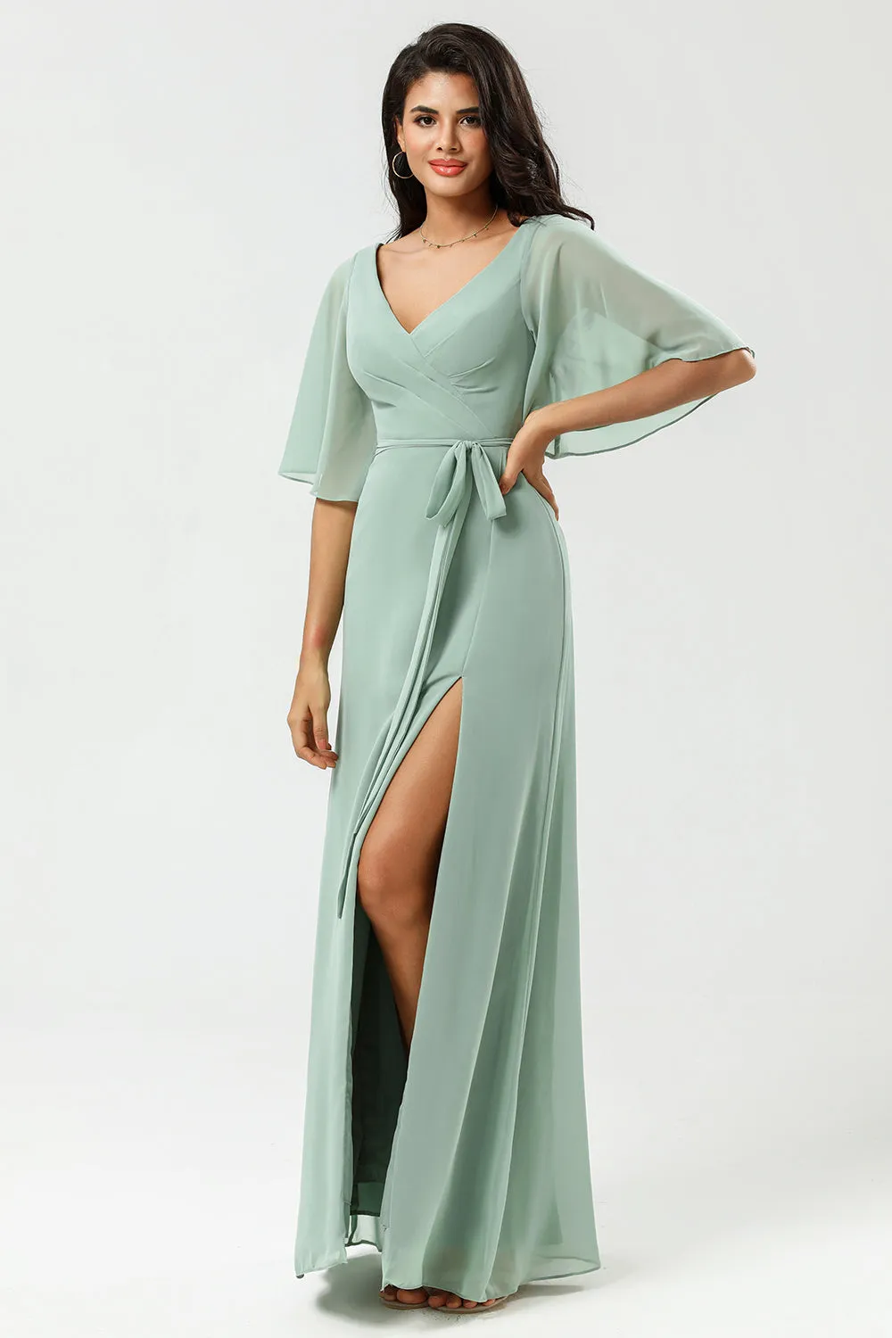 A Line V Neck Long Chiffon Matcha Bridesmaid Dress with Slit sold by Wedtrend product image thumbnail 4