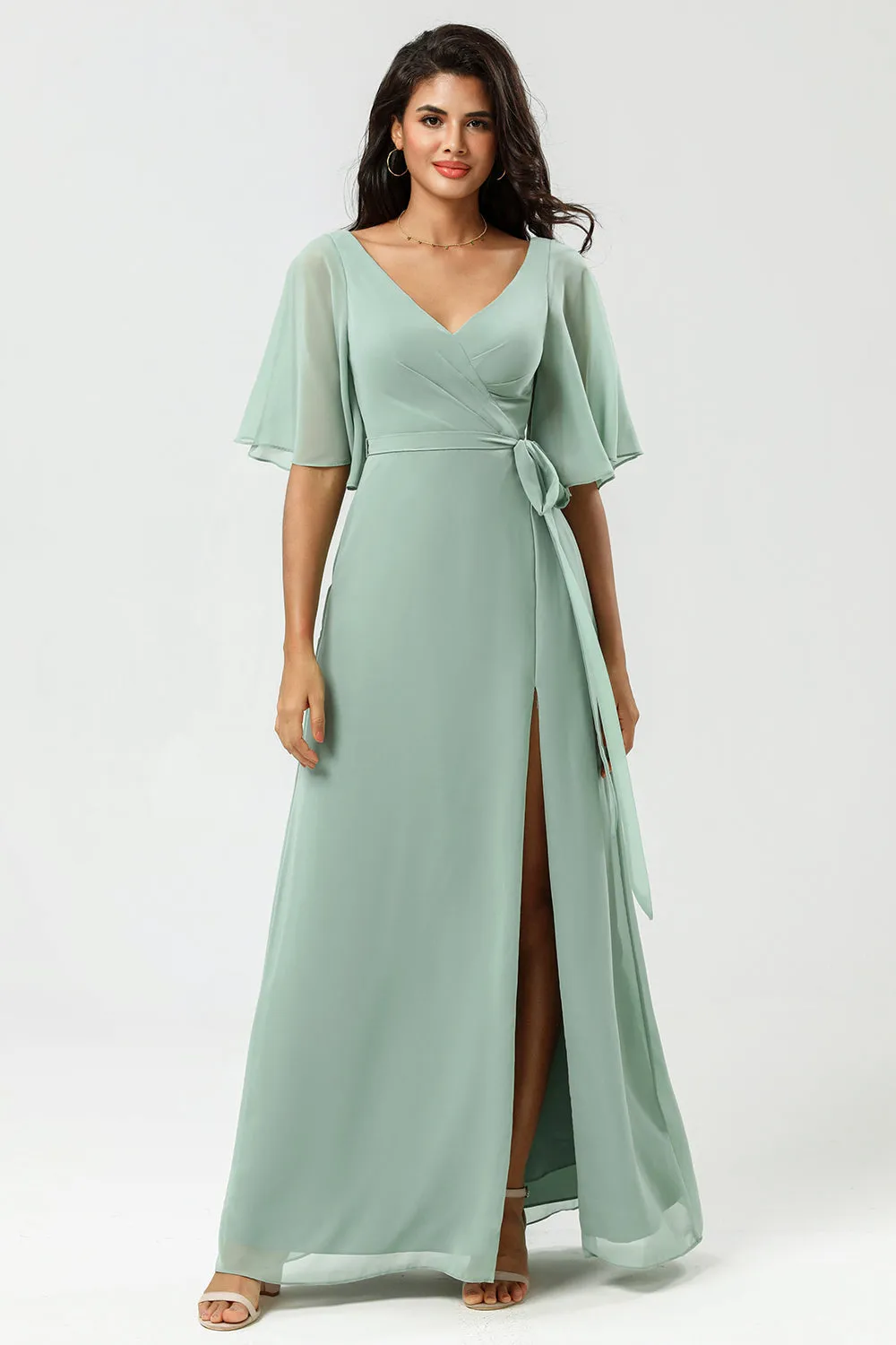 A Line V Neck Long Chiffon Matcha Bridesmaid Dress with Slit sold by Wedtrend