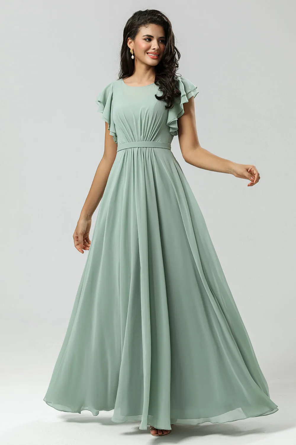 Matcha A Line Round Neck Ruched Floor Length Chiffon Bridesmaid Dress sold by Wedtrend