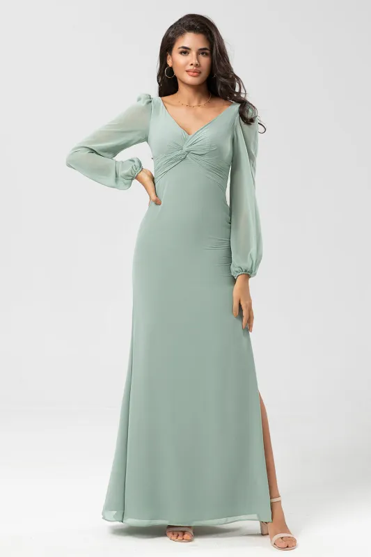 Matcha Sheath V Neck Chiffon Knotted Long Bridesmaid Dress with Slit sold by Wedtrend