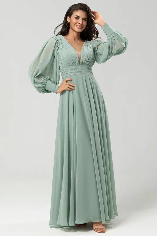 Matcha A Line Detachable Chiffon Bridesmaid Dress With Long Sleeves made by Wedtrend