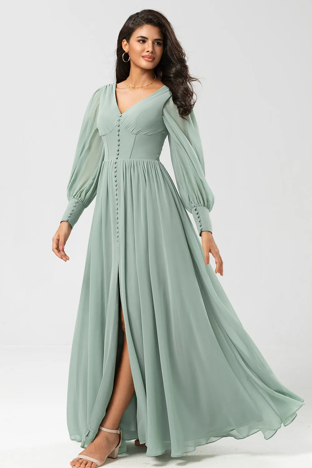 Matcha A Line Chiffon Ruffles Long Bridesmaid Dress with Slit sold by Wedtrend product image thumbnail 4