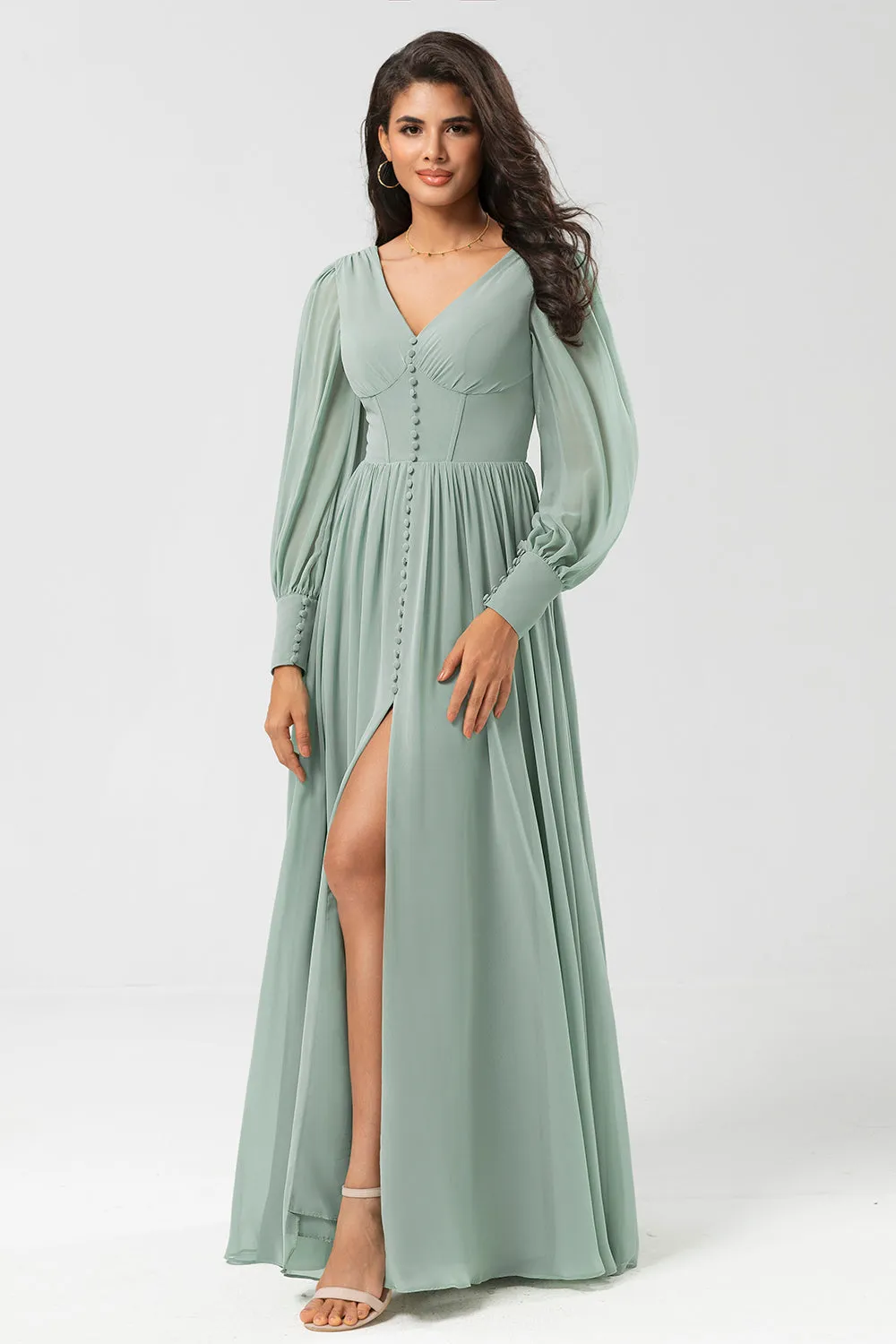 Matcha A Line Chiffon Ruffles Long Bridesmaid Dress with Slit sold by Wedtrend product image thumbnail 3