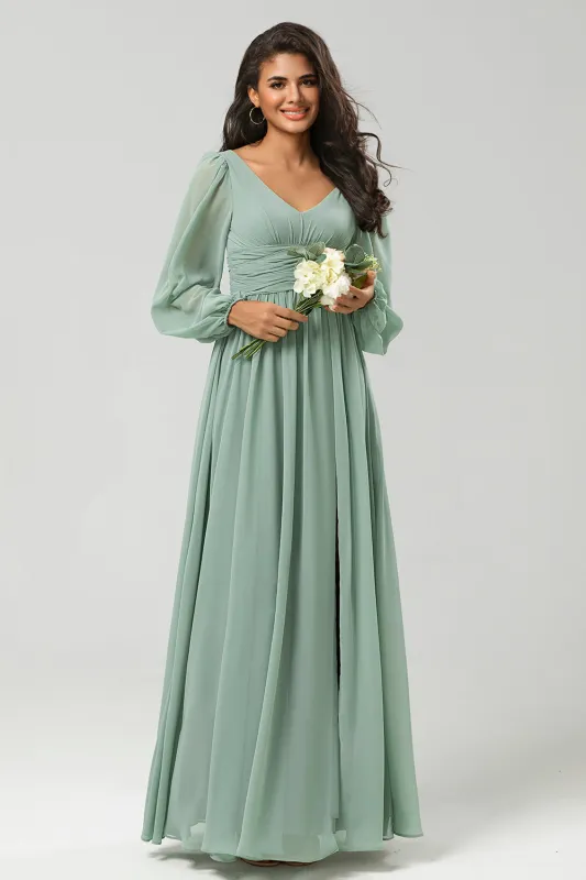 Matcha A Line Ruched Chiffon Floor-Length Bridesmaid Dress with Slit sold by Wedtrend
