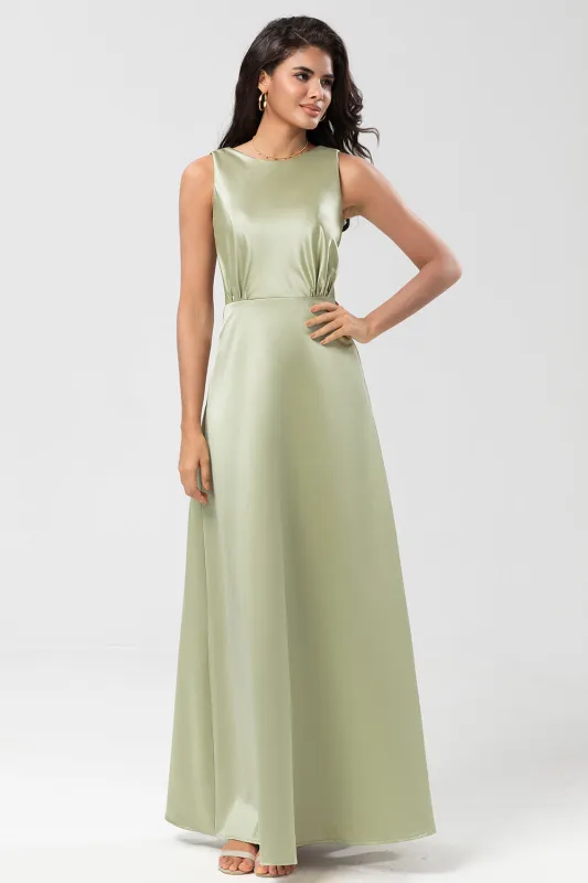 Dusty Sage A Line Floor-Length Satin Bridesmaid Dress sold by Wedtrend