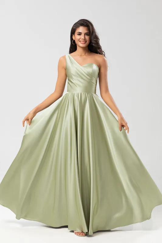 Dusty Sage A-Line One Shoulder Ruched Satin Bridesmaid Dress with Pocket sold by Wedtrend
