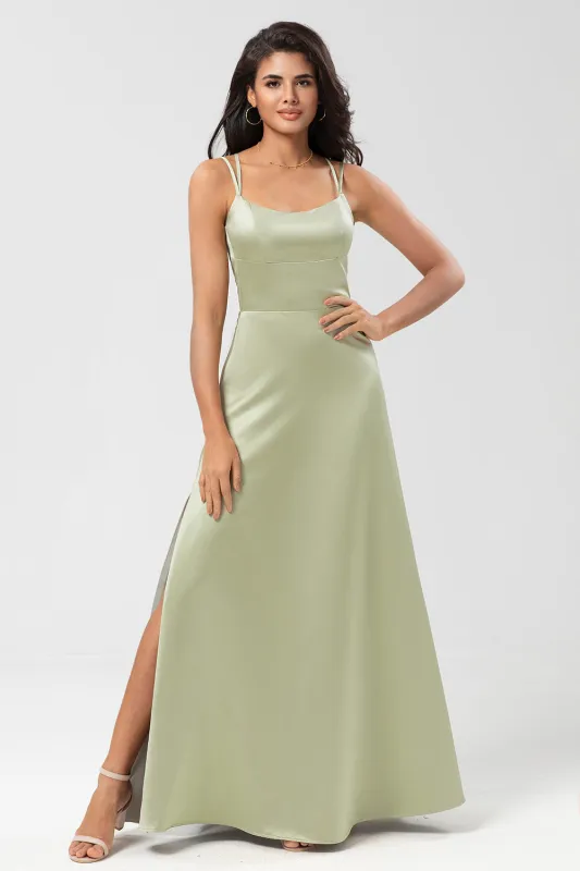 Dusty Sage A Line Spaghetti Straps Floor-Length Satin Bridesmaid Dress with Slit sold by Wedtrend