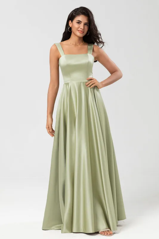 Dusty Sage A-Line Square Neck Floor-Length Satin Bridesmaid Dress with Pocket sold by Wedtrend