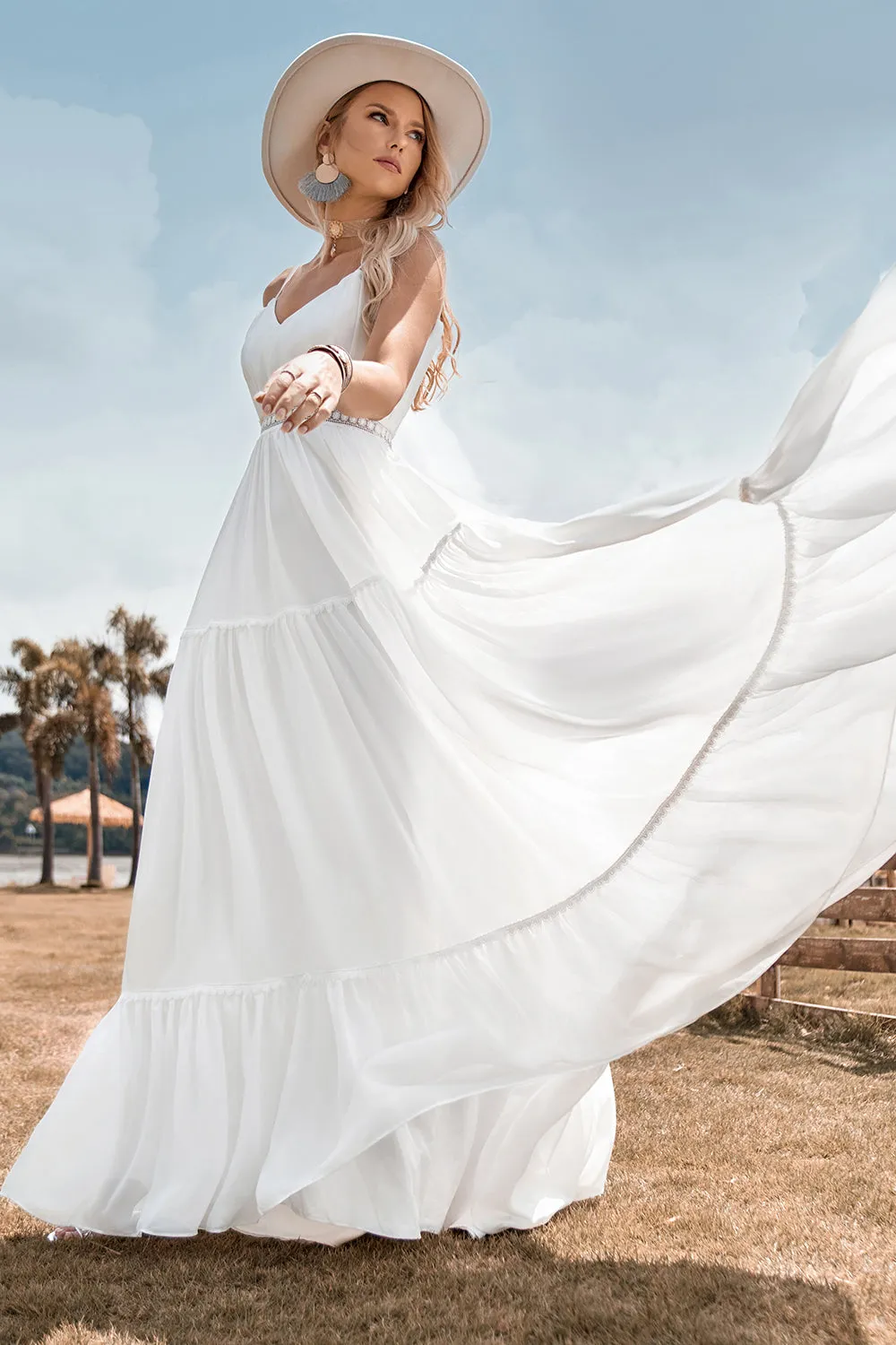Ivory A Line Spaghetti Straps Floor Length Boho Wedding Dress sold by Wedtrend product image thumbnail 5