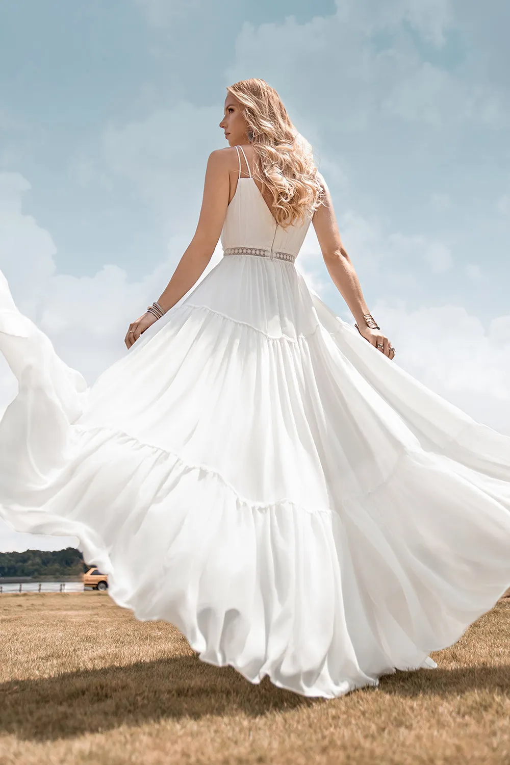 Ivory A Line Spaghetti Straps Floor Length Boho Wedding Dress sold by Wedtrend product image thumbnail 2