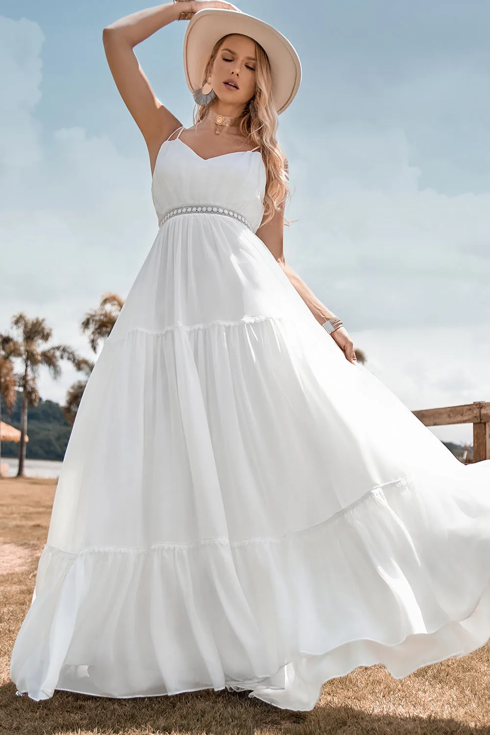 Ivory A Line Spaghetti Straps Floor Length Boho Wedding Dress sold by Wedtrend product image thumbnail 3