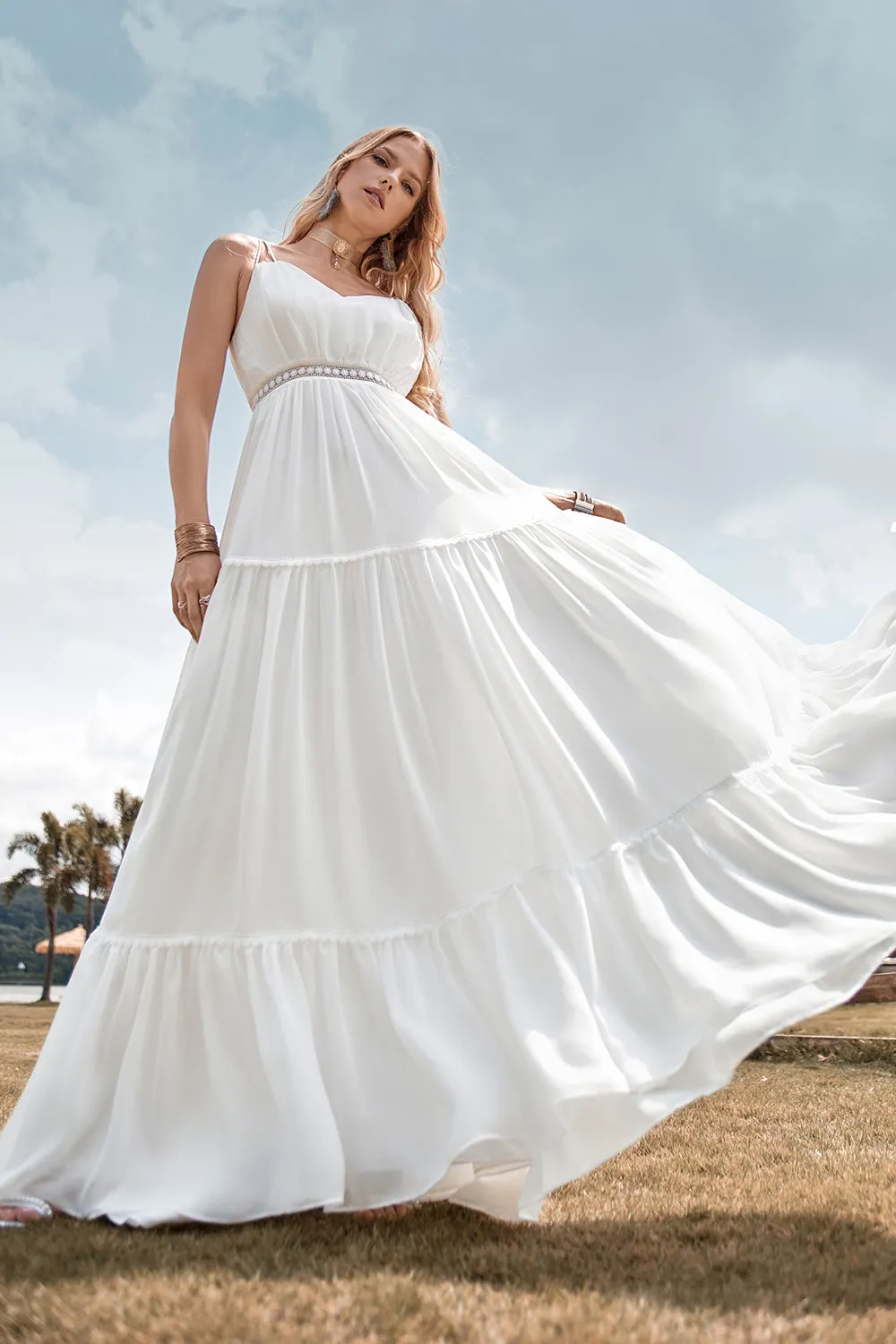Ivory A Line Spaghetti Straps Floor Length Boho Wedding Dress sold by Wedtrend product image thumbnail 4
