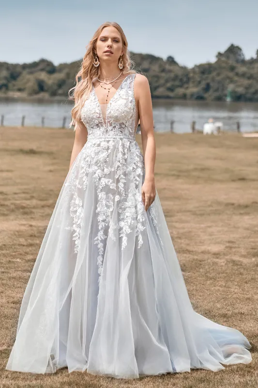 Ivory A Line V-Neck Sweep Train Wedding Dress With Lace made by Wedtrend