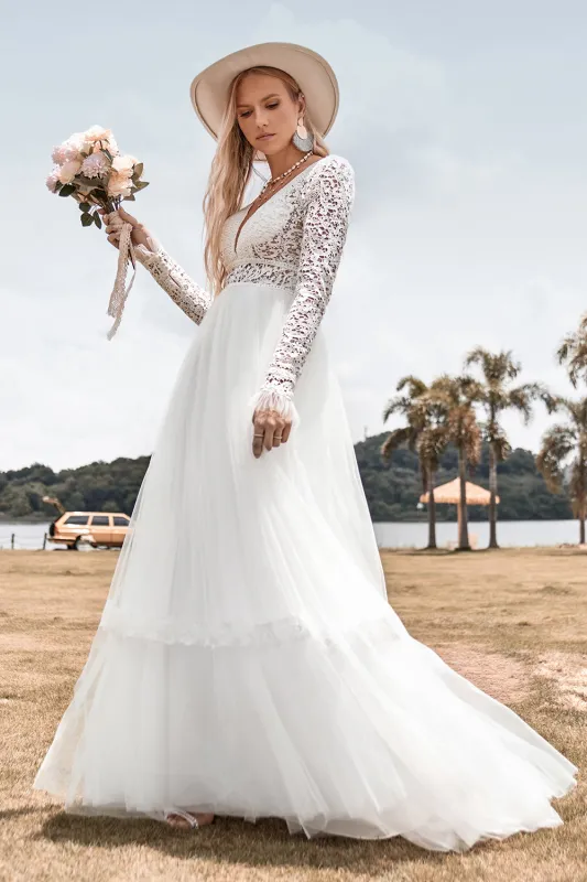Ivory A Line V-Neck Long Wedding Dress With Long Sleeves made by Wedtrend