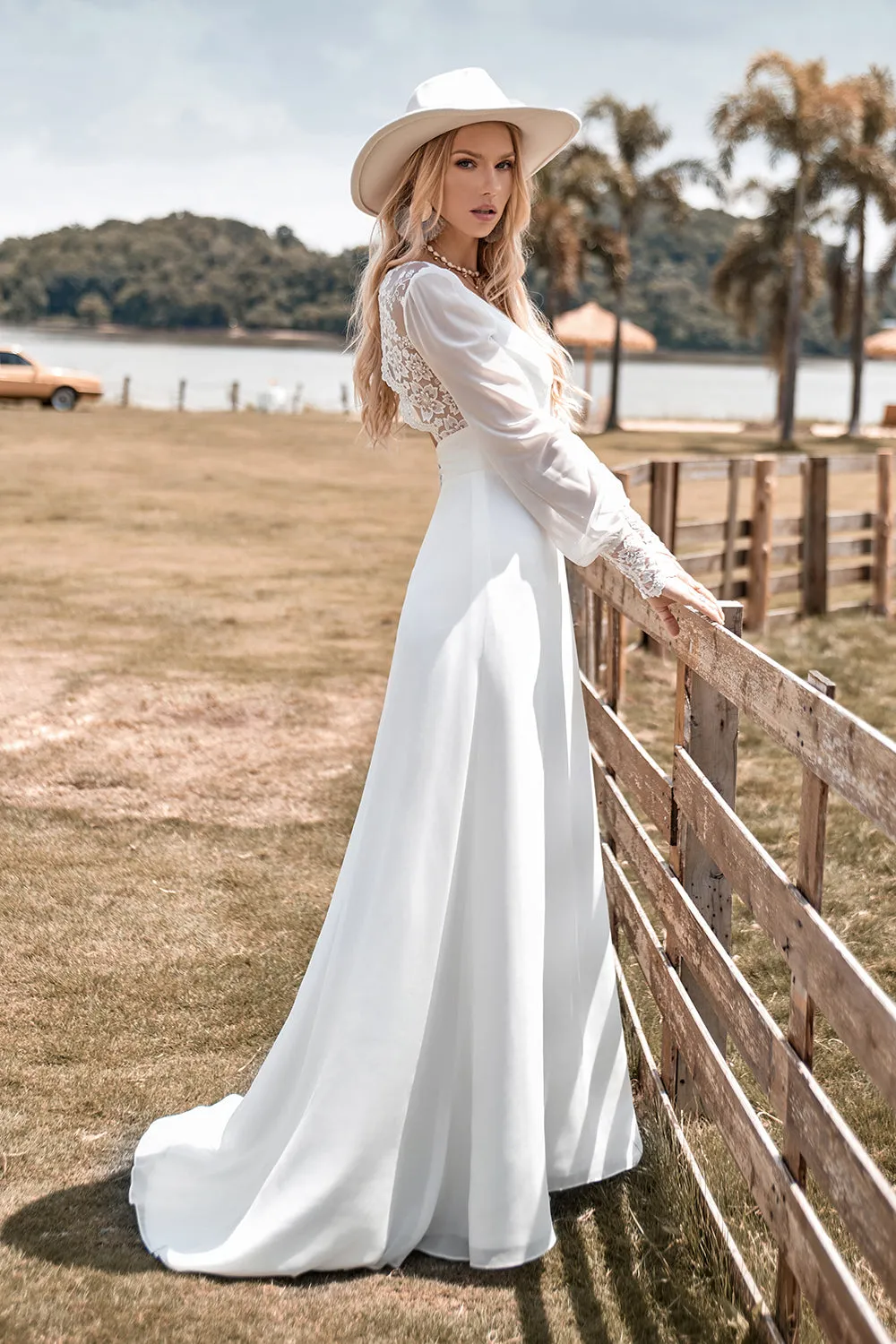 Ivory A Line V-Neck Floor Length Wedding Dress With Long Sleeves sold by Wedtrend product image thumbnail 4