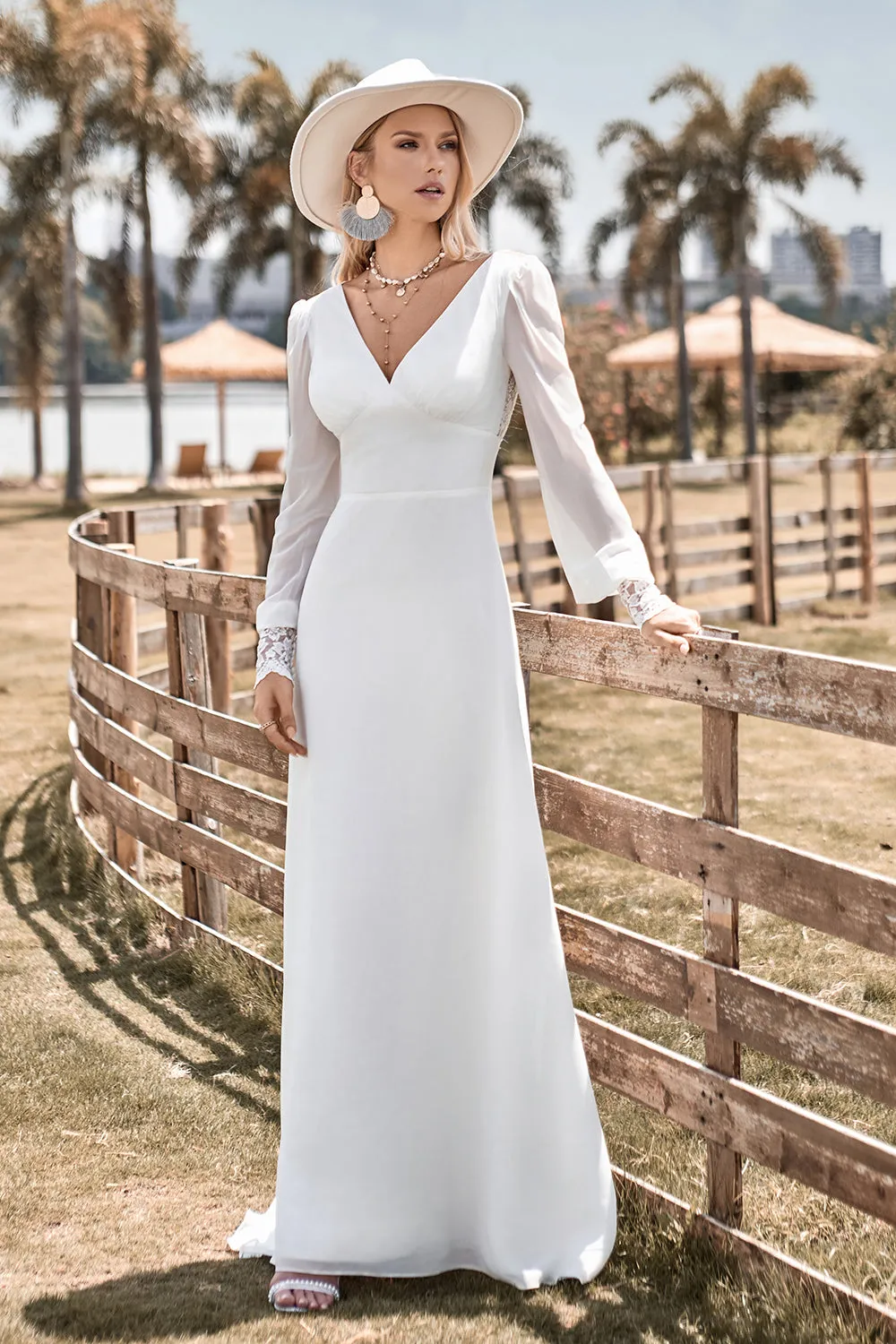 Ivory A Line V-Neck Floor Length Wedding Dress With Long Sleeves sold by Wedtrend product image thumbnail 2