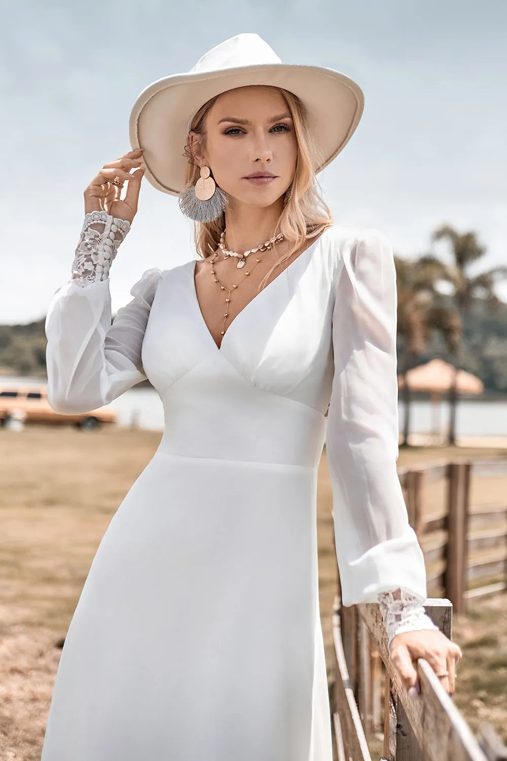 Ivory A Line V-Neck Floor Length Wedding Dress With Long Sleeves sold by Wedtrend product image thumbnail 5