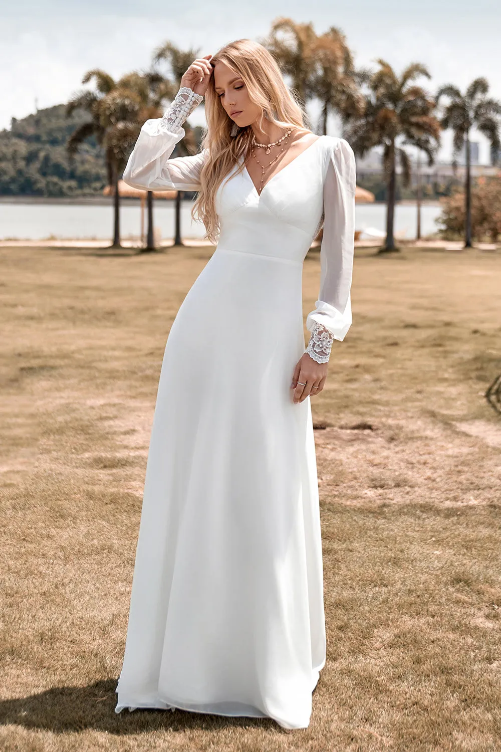 Ivory A Line V-Neck Floor Length Wedding Dress With Long Sleeves sold by Wedtrend product image thumbnail 3