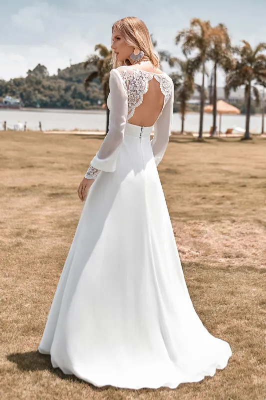 Ivory A Line V-Neck Floor Length Wedding Dress With Long Sleeves sold by Wedtrend