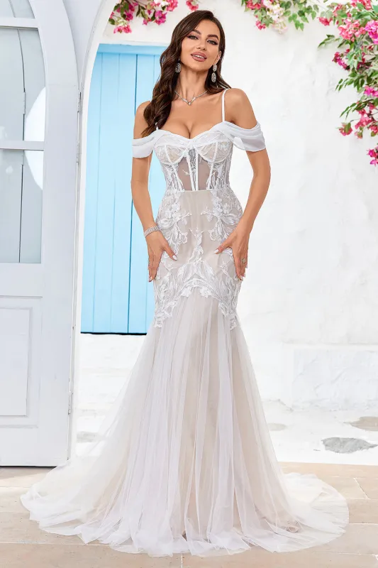 Ivory Mermaid Off the Shoulder Sweep Train Corset Wedding Dress With Lace made by Wedtrend