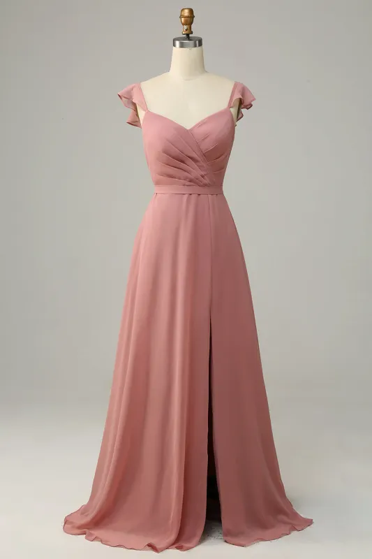 Dusty Rose A Line Ruffles Long Chiffon Bridesmaid Dress With Slit made by Wedtrend