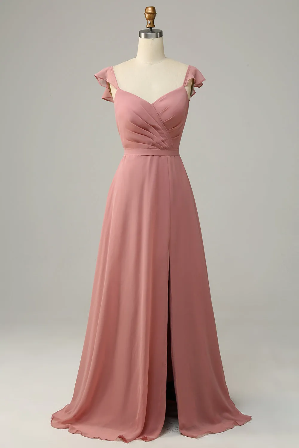 Dusty Rose A Line Ruffles Long Chiffon Bridesmaid Dress With Slit sold by Wedtrend