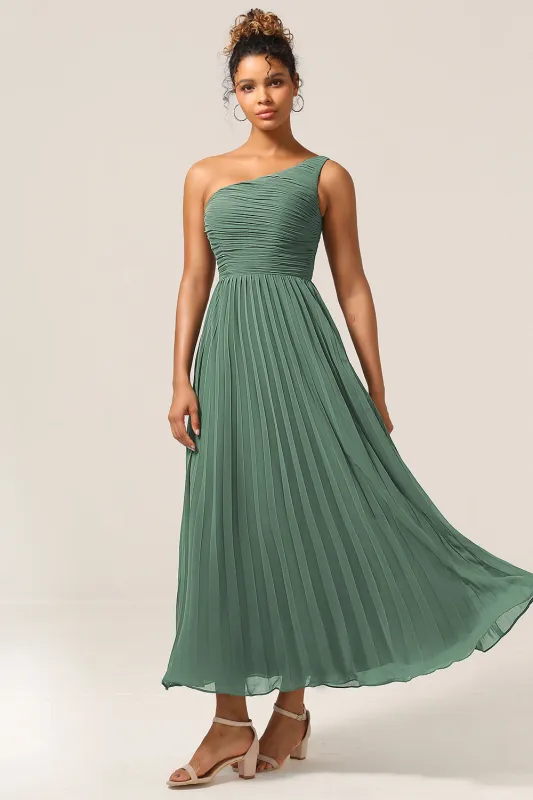 Eucalyptus A Line One Shoulder Ruched Chiffon Bridesmaid Dress made by Wedtrend